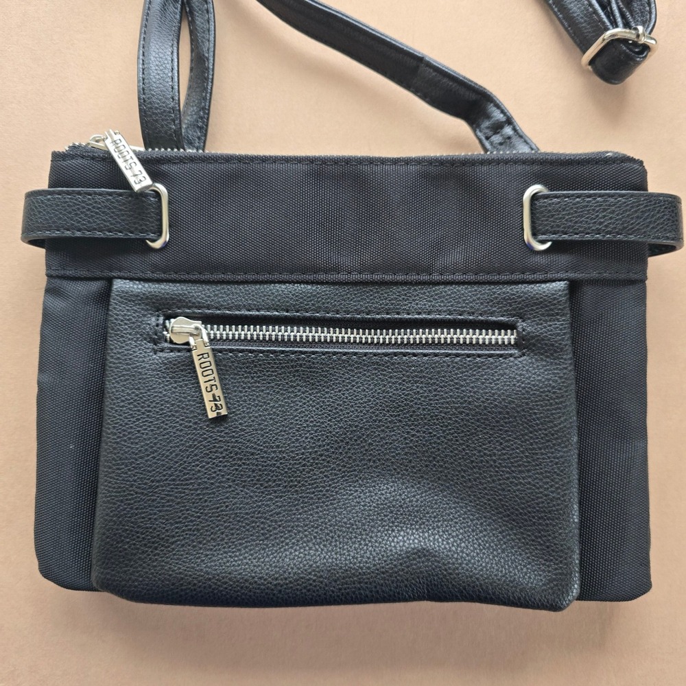 Roots 73 Black Faux Leather‎ Nylon Crossbody Bag Adjustable Strap Zipper Pockets